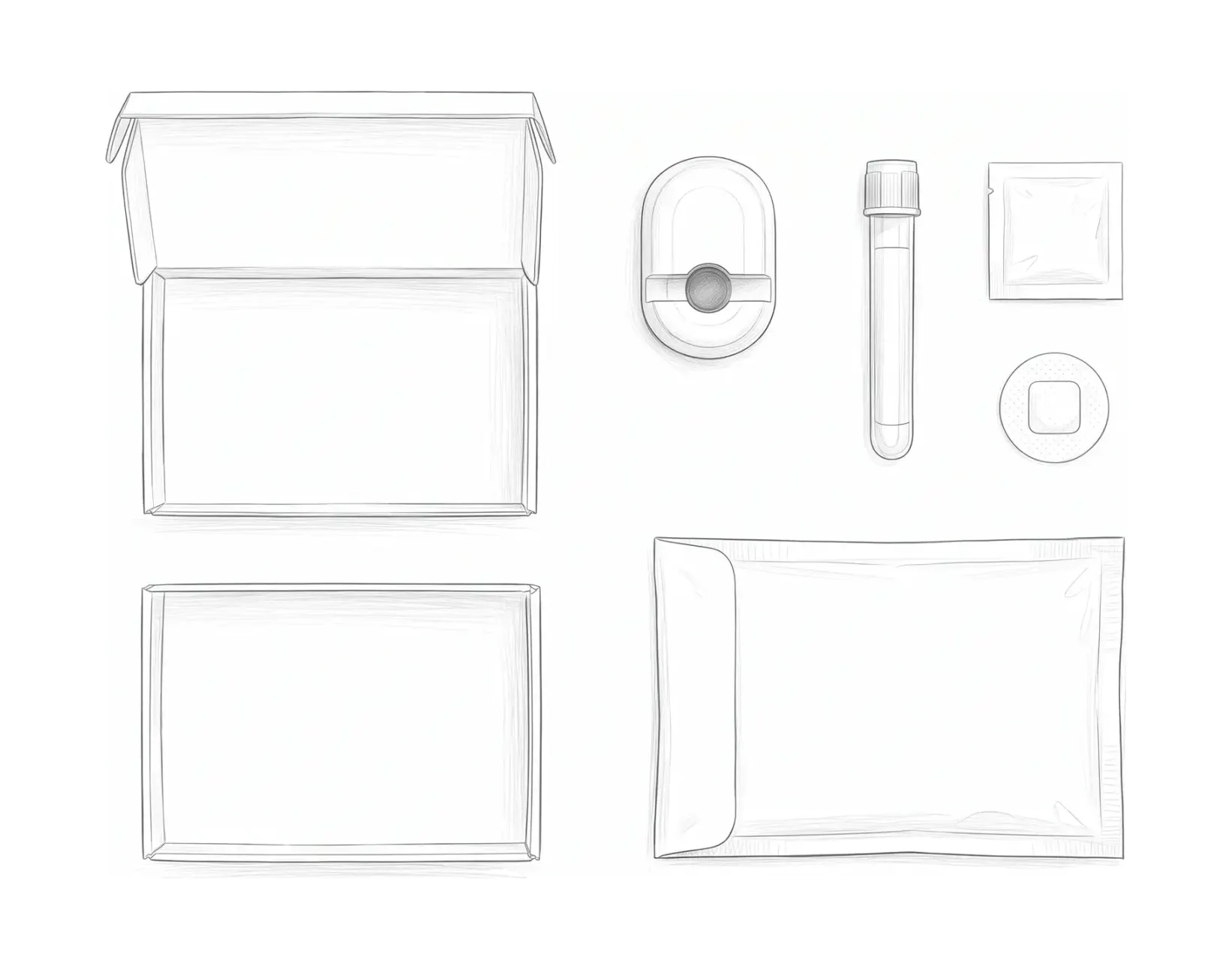 Dibujo a lápiz del kit abierto: caja, dispositivo de toma, tubo, curita y sobre de retorno